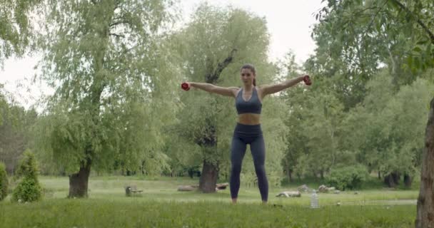 Livsstil. Porträttet av en vacker atletisk kvinna i parken står med hantlar i händerna och sportar. — Stockvideo