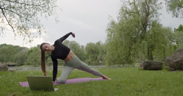 A young girl does yoga exercises in a park on the grass with a laptop — Stockvideo