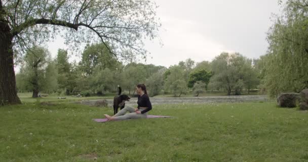 Portrait of a young woman practicing yoga in the garden. female happiness. in the background is a lake. Healthy lifestyle and concept of relaxation. Young woman doing yoga in the park — Stockvideo