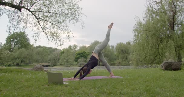 En ung flicka gör yoga övningar i en park på gräset med en bärbar dator — Stockvideo