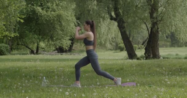 Persönliche Trainingsroutine Sportliche Frau Trainingsanzug Die Draußen Wald Trainiert Allein — Stockvideo