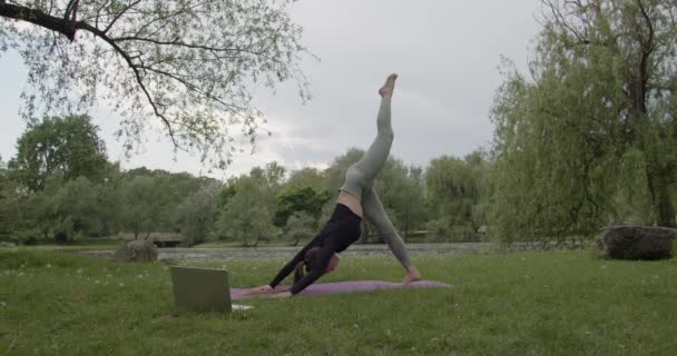 Fit Frau Beim Ansehen Von Online Fitness Videos Laptop Und — Stockvideo