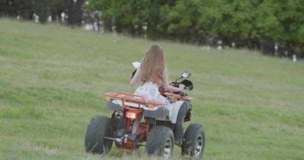無料の女性は緑の芝生の平野の森の近くのクワッドに乗る Atvオフロードアドベンチャー 少女はクワッドサイクル 観光を駆動します 夏の野外活動 屋外旅行 — ストック動画
