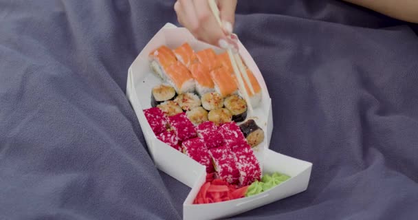 Fish Shaped Box Full Various Sushi Placed Blue Blanket Woods — Video Stock