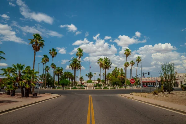Town square in Ajo, Arizona with palm trees and blue sky — Stock Photo, Image
