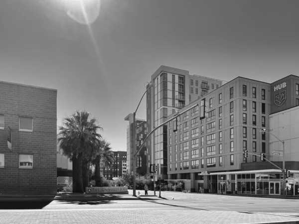 Modern buildings in Tucson near the University of Arizona, black and white. — Stock Photo, Image