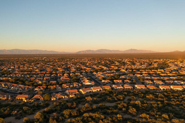 Upper middle class neighborhood in Arizona, drone shot. Planned development with copy space.