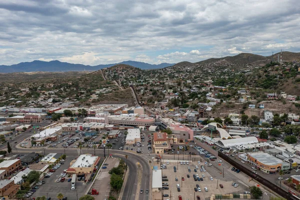 Port of Entry USA Mexico border in Nogales, Arizona, aerial shot.