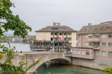  Rheinfelden, Switzerland, Europe, October 15, 2017. View of Bridge across Rhine River in Rheinfelden on the border between Germany and Switzerland,