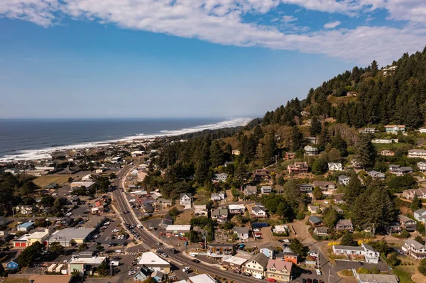 Oregon Coast Highway 101 winding through town of Yachats at the Central Oregon Coast.