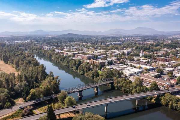 Corvallis Oregon Bridge Crossing Willamette River Drone Image — Stock Photo, Image