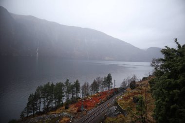 Nehir kenarındaki Norveç evi ve etrafındaki ağaçlar, çamlar ve iğneler. Norveç dağlarında demiryolu olan bir ev. Dağlar gölün nehrini takip eder. Suyun üzerinde bulutlar.