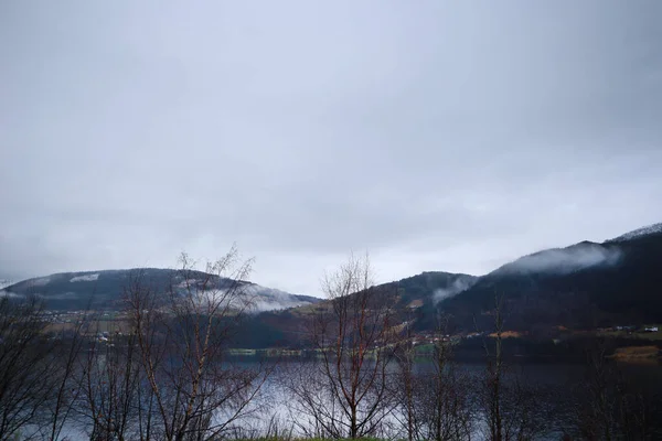 Widok Norweskie Jezioro Pochmurną Deszczową Pogodę Przez Drzewa Norwegia Listopadzie — Zdjęcie stockowe