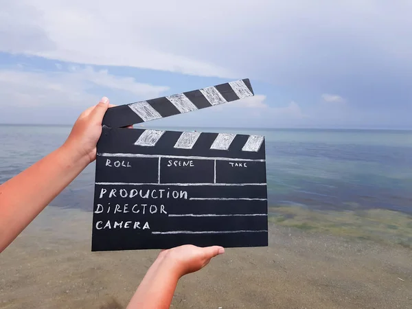 Clapperboard Filmer Production Hands Man Background Sandy Beach Sea Summer — Stock Photo, Image