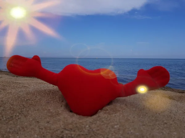 Het Zand Het Strand Een Speelgoed Rood Zacht Hart Houdt — Stockfoto
