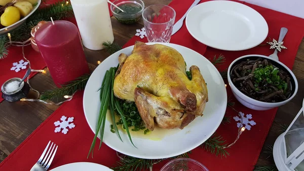Christmas Dinner Family Turkey Duck Goose Table Top View Serving — Stock Photo, Image