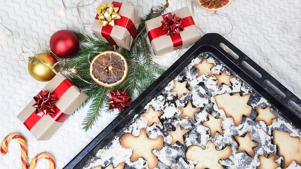 Oven Tray Cookies Form Christmas Trees Stars Ginger Flat Man — Stock Photo, Image