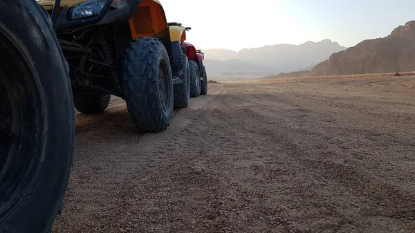 Image Column Quad Bikes Sinai Desert Background Mountains Sunset Egypt — Stock Photo, Image