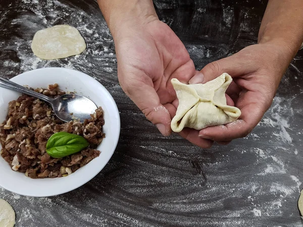 Çin mantısı ya da hamur köftesi için et hamuruyla doldurulmuş manti hazırlayın. Hamur ve et yemeği hazırlama