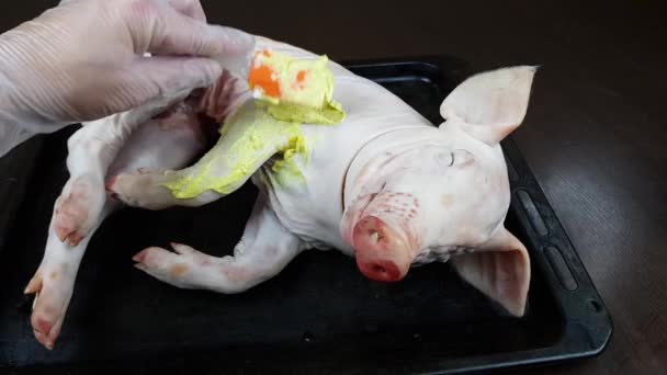 La carne de la canal del cerdo lactante la preparación para la cocción. plato de lechón festivo — Vídeo de stock