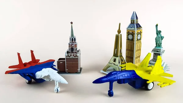 Modelos Aviões Militares Russos Ucranianos São Pintados Nas Cores Das — Fotografia de Stock