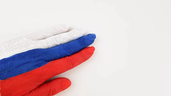 Mão Pintada Cor Bandeira Russa Fundo Branco Lugar Para Texto — Fotografia de Stock