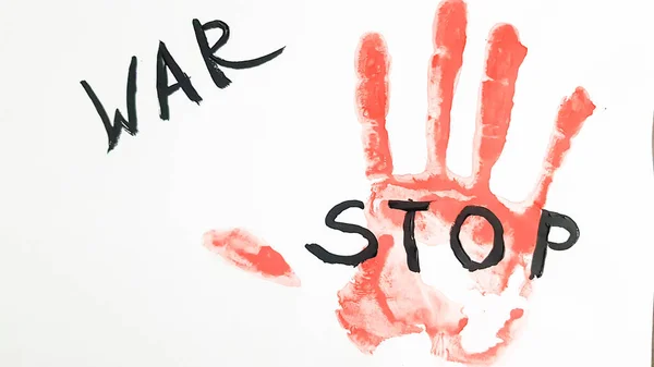 Inscription Stop War White Paper Bloody Hand Palm Print — Stock Photo, Image