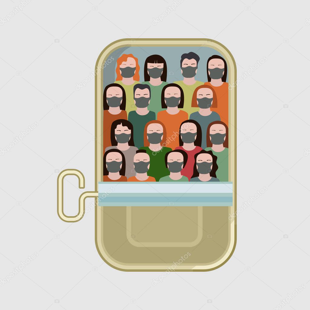 Sardine can with people - concept vector illustration of overcrowding. Flat color design.