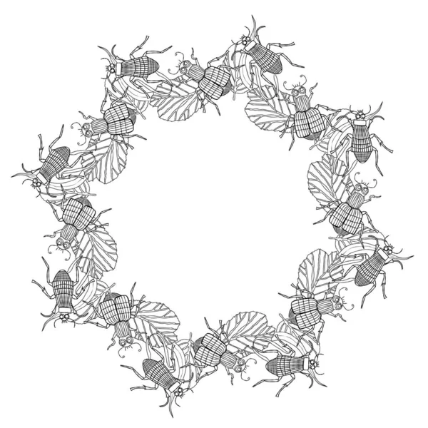 Dibujo Para Colorear Mandala Con Escarabajos Enterradores Hojas Marco Decorativo — Archivo Imágenes Vectoriales
