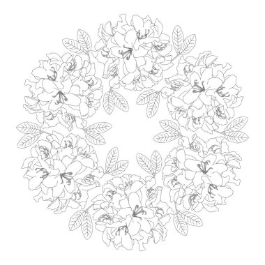 Mandala rododendron çiçekleriyle boyama kitabı. El çizimi siyah ve beyaz vektör çizimi.
