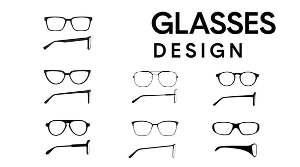 Vektor Izoloval Ilustraci Brýlového Rámu Sada Černých Brýlí Přední Boční — Stockový vektor