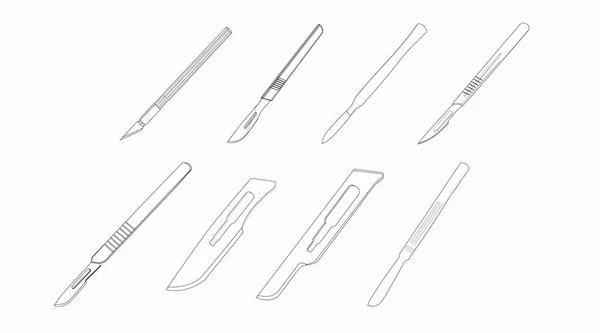 Vektor Elszigetelt Fekete Fehér Scalpels Szett Vektor Lapos Szerkesztésű Illusztrációs — Stock Vector