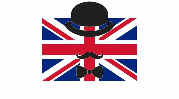 Флаг Великобритании Шляпой Усами Векторная Изолированная Плоская Иллюстрация — стоковый вектор