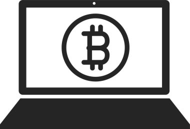 Bitcoin, Siyah ve Beyaz Bitcoin Simgesi olan bir dizüstü bilgisayarın izole edilmiş tasviri