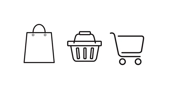 Zwart Wit Shopping Icon Set Met Boodschappentassen Carts Geïsoleerde Vectorillustratie — Stockvector