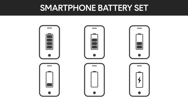 Набор значков батареи смартфона. Набор иллюстраций со смартфонами с различными зарядными устройствами