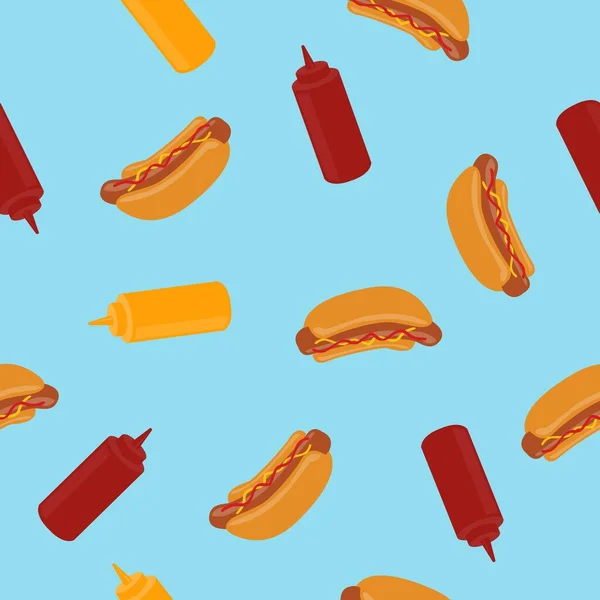用热狗 番茄酱和芥末制作的快餐无缝图案 — 图库矢量图片