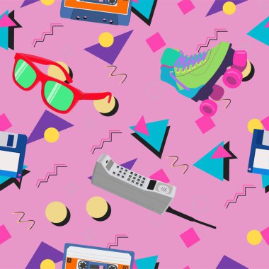 80 'lerden 90' lara kadar patenli, güneş gözlüklü, telefon, kaset ve disketli. Vektör yarı yarıksız desen veya arkaplan