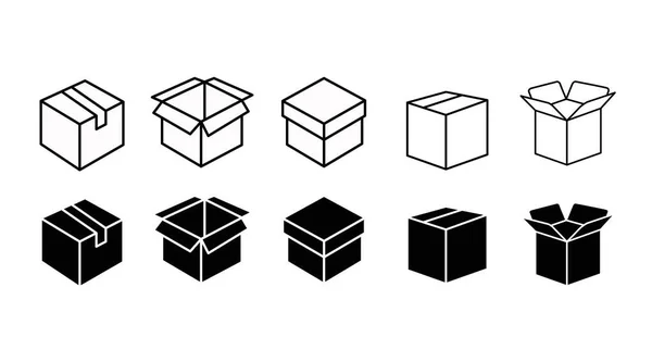 Set Iconos Caja Icono Blanco Negro Conjunto Cajas Ilustración — Vector de stock