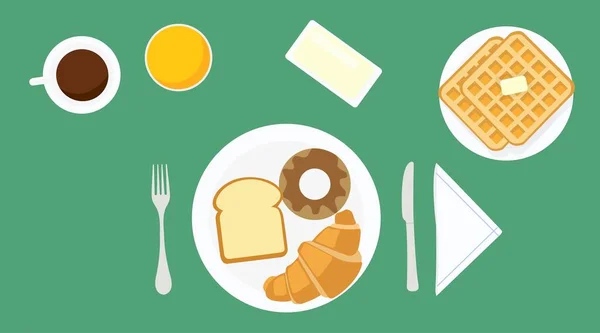 Сніданок Векторна Ілюстрація Круасанами Пончиками Хлібом Вафельками Кавою Соком Маслом — стоковий вектор