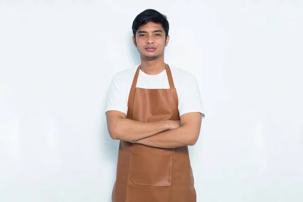 Portrét Šťastný Mladý Asijský Muž Barista Servírka Izolované Bílém Pozadí — Stock fotografie