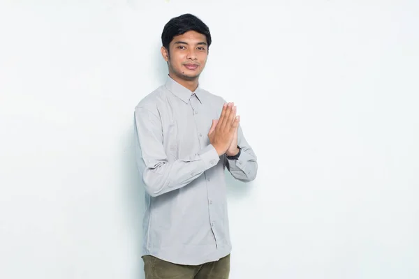 Asian Man Welcoming Guests Gesture Isolated White Background — Stock Photo, Image