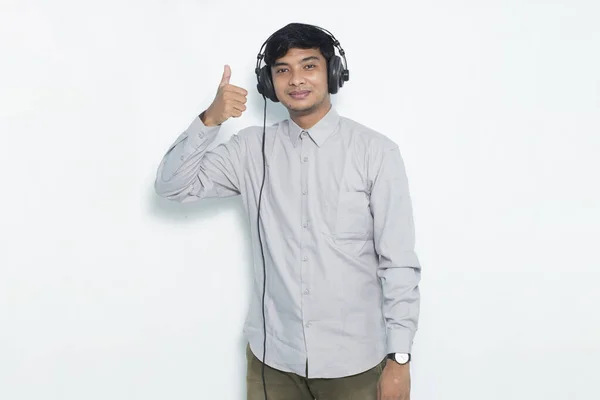 Asijské Muž Obsluha Zákaznický Servis Znamení Gesto Tumb Izolované Bílém — Stock fotografie