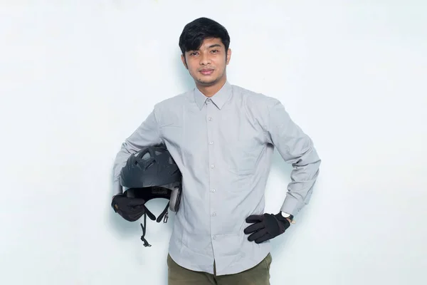 Portrait Handsome Asian Man Motorcycle Waring Helmet White Background — Stock Photo, Image