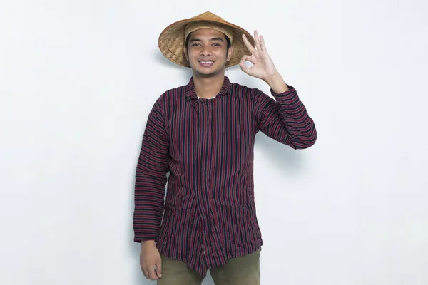 Portrait Happy Farmer Showing Thumb Isolated White Background — Stock Photo, Image