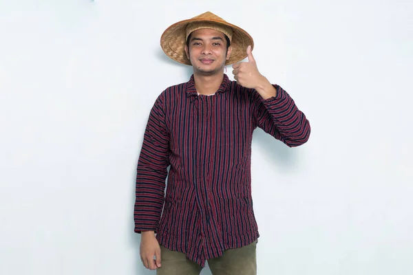 Portrait Happy Farmer Showing Thumb Isolated White Background — Stock Photo, Image