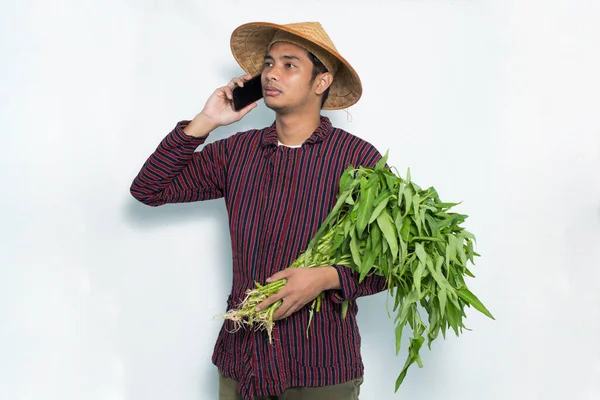 Gelukkig Aziatische Boer Met Behulp Van Smartphone Geïsoleerd Witte Achtergrond — Stockfoto