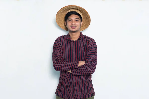 Portrét Šťastného Asijského Farmáře Izolované Přes Bílé Pozadí — Stock fotografie