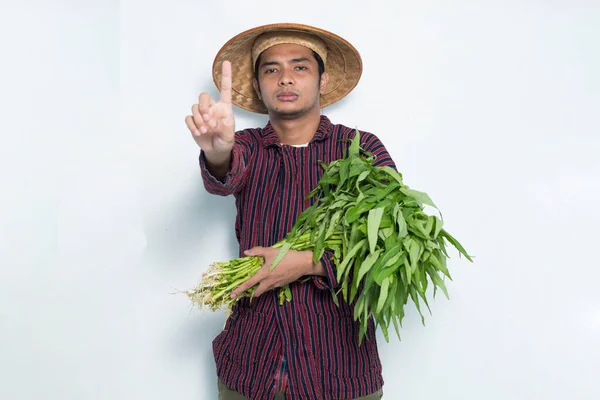 Portrét Asijského Farmáře Otevřenou Rukou Dělá Stop Sign Vážným Výrazem — Stock fotografie