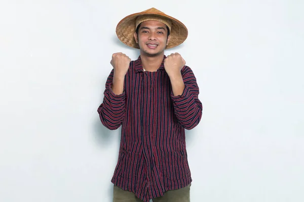 Vzrušený Šťastný Asijské Farmář Izolovaný Bílém Pozadí — Stock fotografie